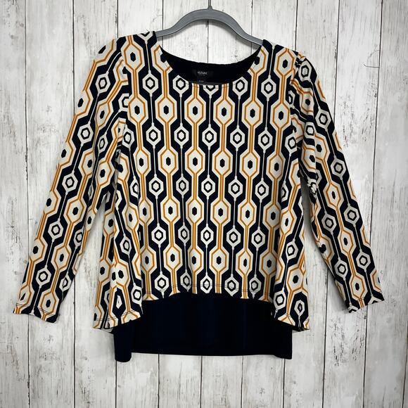 Alfani Long Sleeve Stretch Layered Geometric Dressy Flowy Blouse Shirt Petite M - Picture 1 of 8